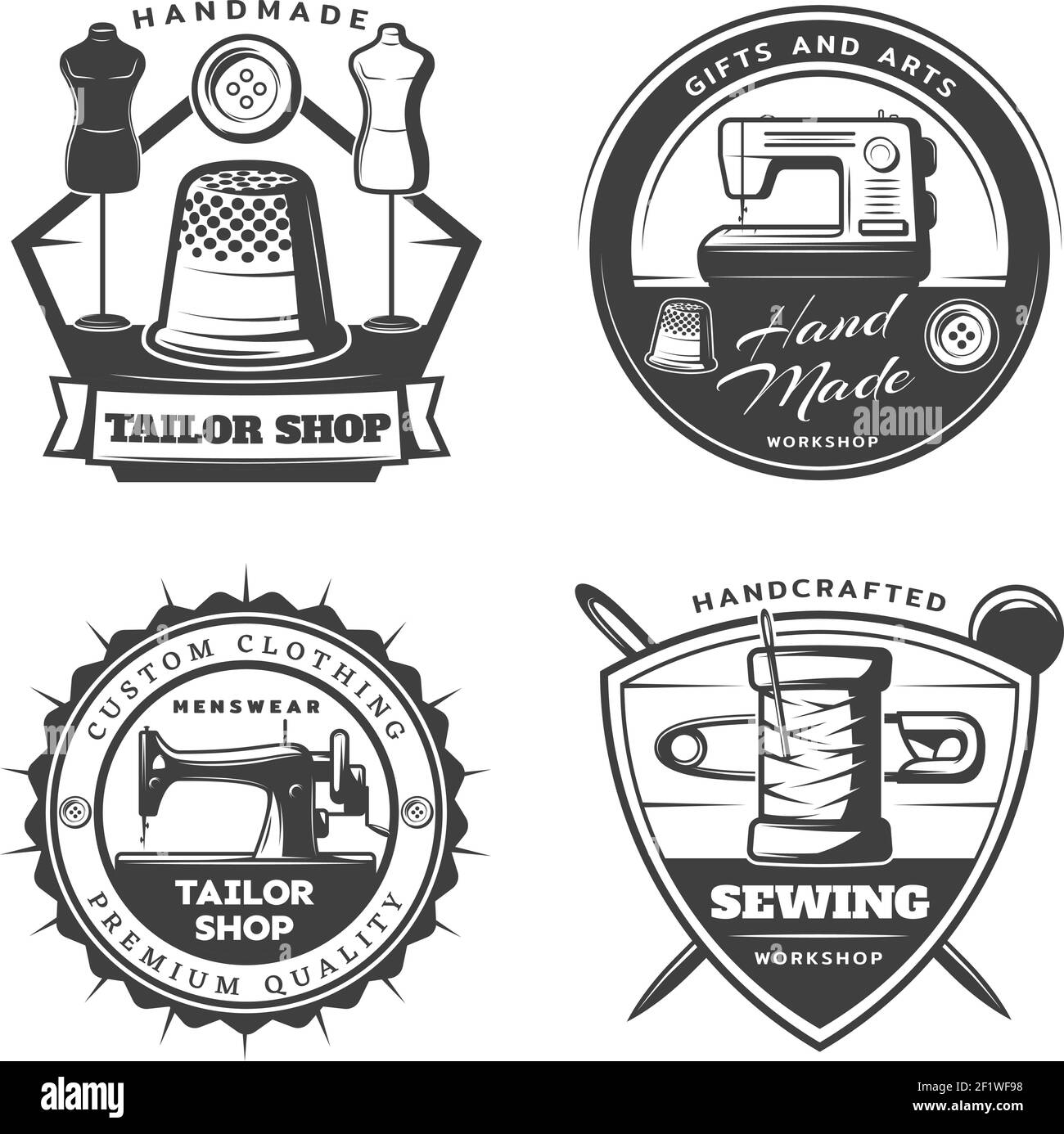 Set di emblemi monocolore su misura con macchine da cucire e utensili in un'illustrazione vettoriale isolata in stile vintage Illustrazione Vettoriale