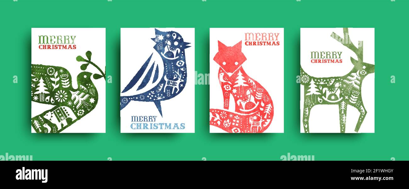 Allegra collezione di biglietti d'auguri natalizi, colorato set di animali d'acqua di arte popolare d'epoca per inviti di vacanza o saluti stagionali. Include uccello, Illustrazione Vettoriale