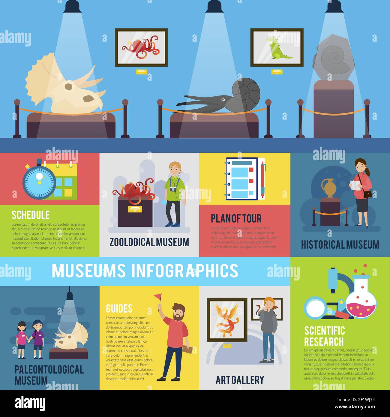 Colorato concetto infografico escursione con persone che partecipano a mostre musei e. illustrazione vettoriale galleria d'arte Illustrazione Vettoriale