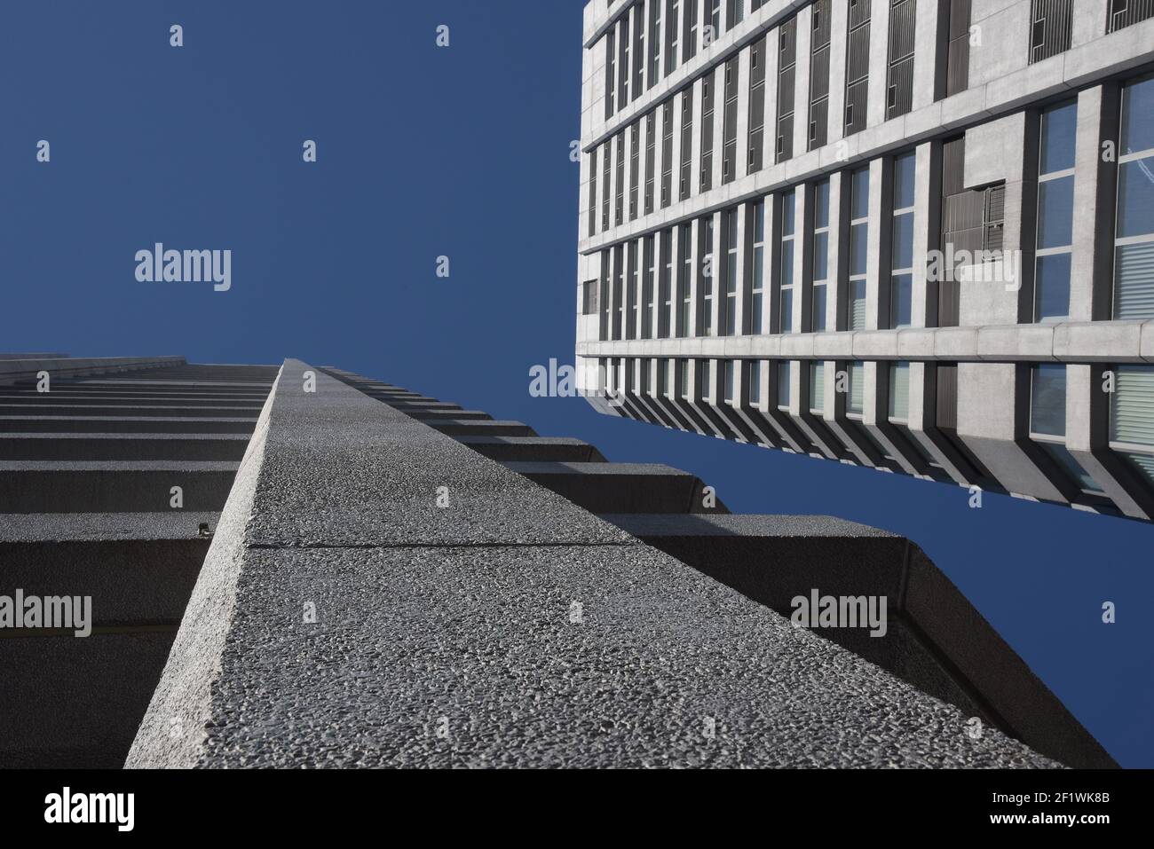 Guardando i grattacieli della città nel cielo blu del mattino, motivi geometrici in vetro e pareti bianche Foto Stock