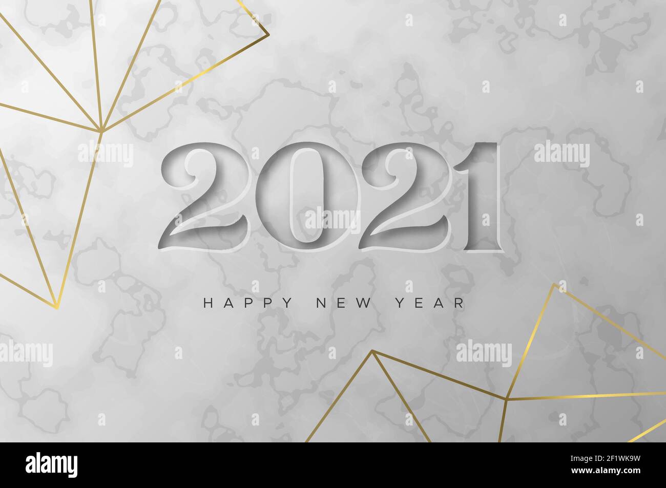 Illustrazione del biglietto d'auguri per l'anno felice 2021. Lussuoso segno in marmo bianco 3d con elegante cornice in oro geometrico. Modello di invito del partecipante, Illustrazione Vettoriale