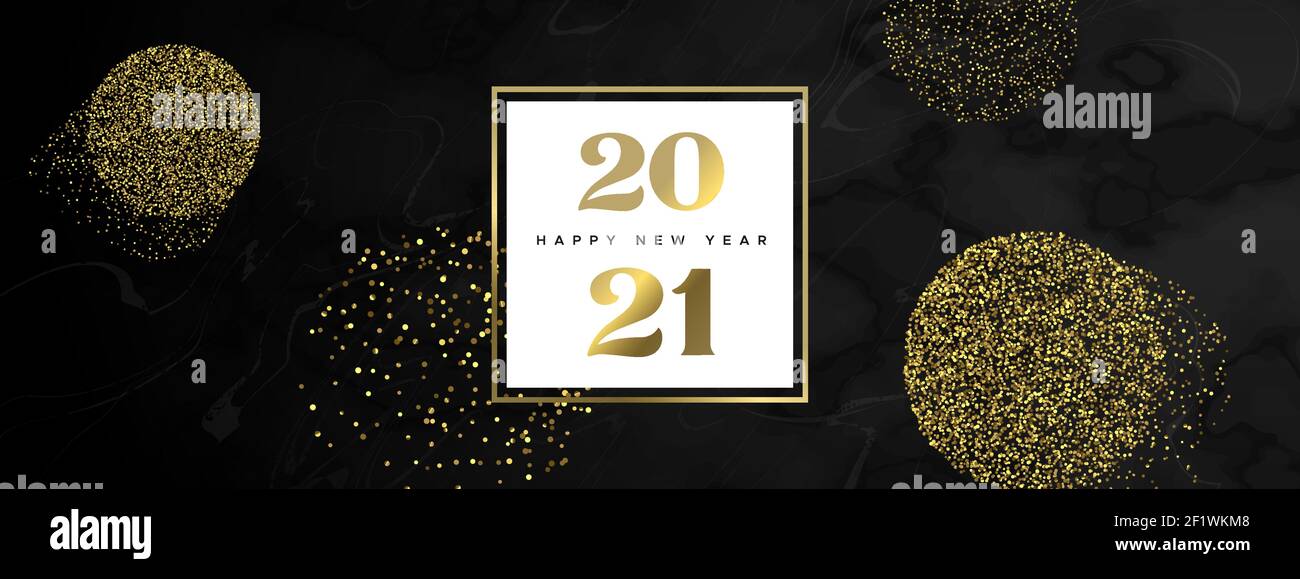 Buon banner Web di Capodanno 2021. Sfondo in pietra di marmo nero con glitter oro su superficie liscia in granito marmorizzato per celebrazioni VIP o elega Illustrazione Vettoriale