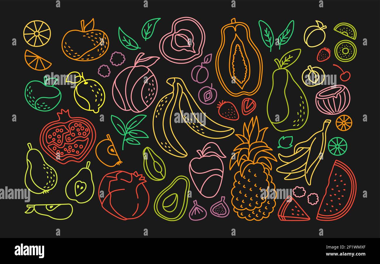 Set di cartoni animati con doodle di frutta esotica. Hawaii frutta tropicale, ananas e mora, pera, anguria e mandarino. Mela e prugna, albicocca, fico, fragola e limone. Illustrazione vettoriale dei segni isolati Illustrazione Vettoriale