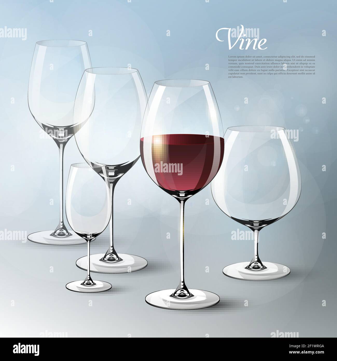 Modello di vino realistico ed elegante con bicchieri vuoti e pieni di dimensioni diverse su grigio Illustrazione Vettoriale