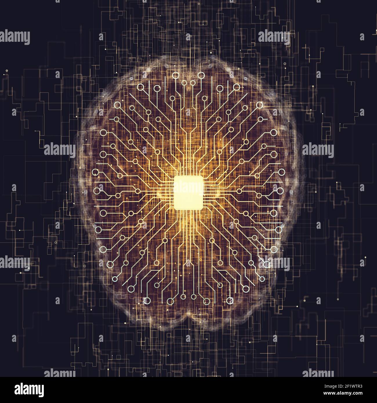 Intelligenza artificiale, impulsi elettrici che escono dal microchip, formando un cervello con linee di connessione. Foto Stock