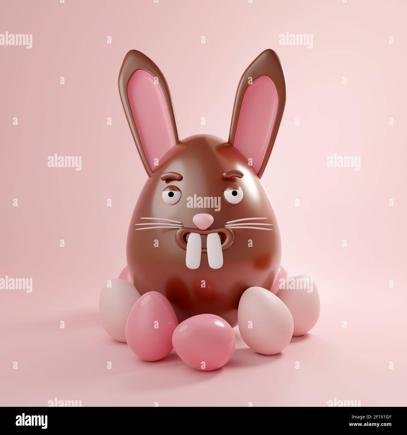 Un personaggio di coniglio all'uovo di pasqua al cioccolato con uova rosa. Illustrazione 3D. Foto Stock