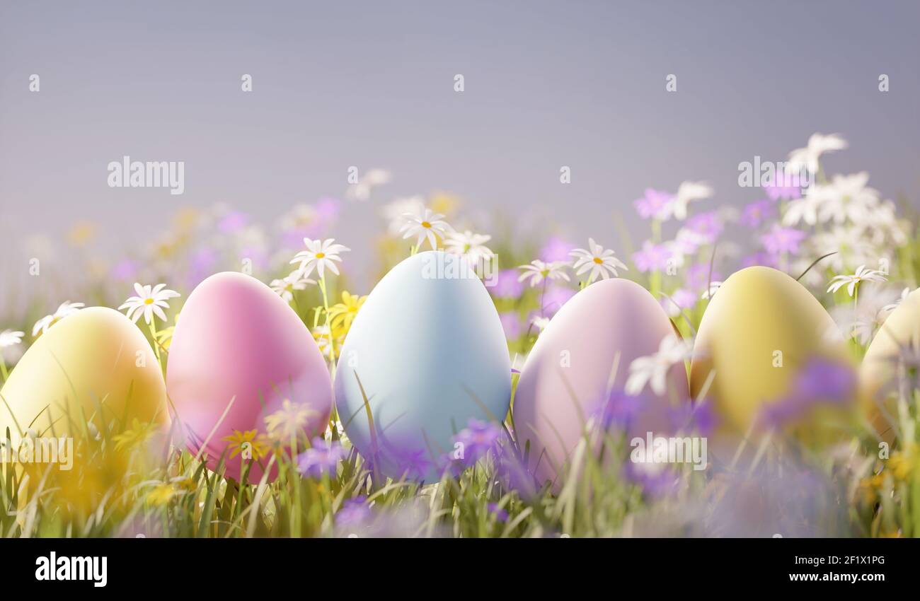 Campo di fiori selvatici color pastello con uova di pasqua. Illustrazione 3D della molla Foto Stock