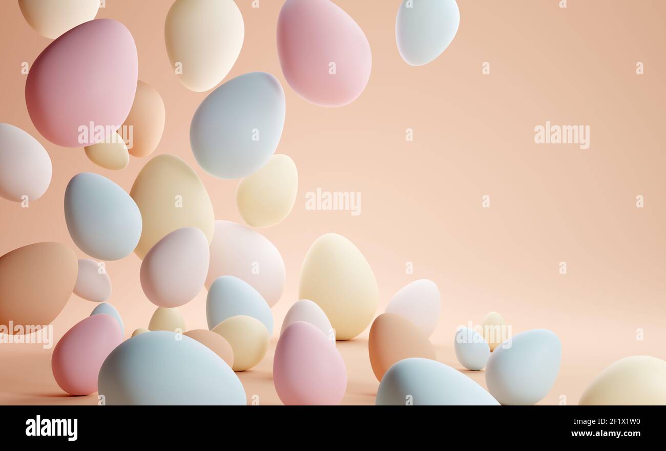 Falling pastello colore pasqua uova di cioccolato sfondo decorativo. Illustrazione 3D. Foto Stock