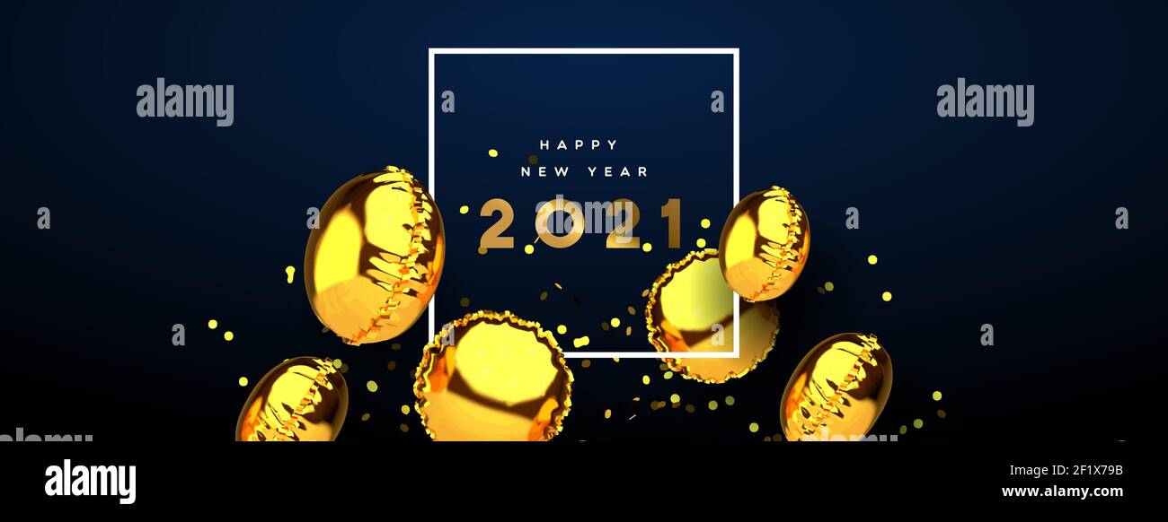 Happy New Year 2021 banner web di palloncino realistico 3d in lamina d'oro su elegante sfondo blu con party confetti. Decorazione dinamica delle bollature fluttuante Illustrazione Vettoriale