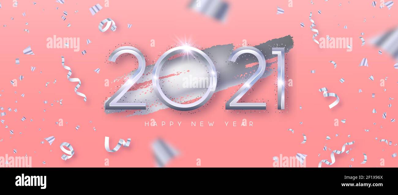 Illustrazione del banner Web di Happy New Year 2021. Realistico 3d argento numero data segno su sfondo rosa pastello con festa confetti caduta. Moda alla moda Illustrazione Vettoriale