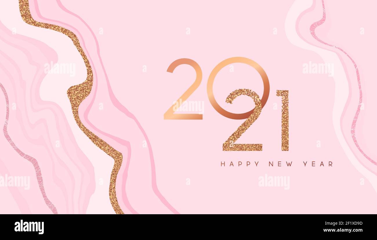 Felice anno nuovo 2021 biglietto d'auguri illustrazione, lussuoso sfondo in marmo rosa con elegante bronzo numero data segno. Invito VIP party, fantasia Illustrazione Vettoriale