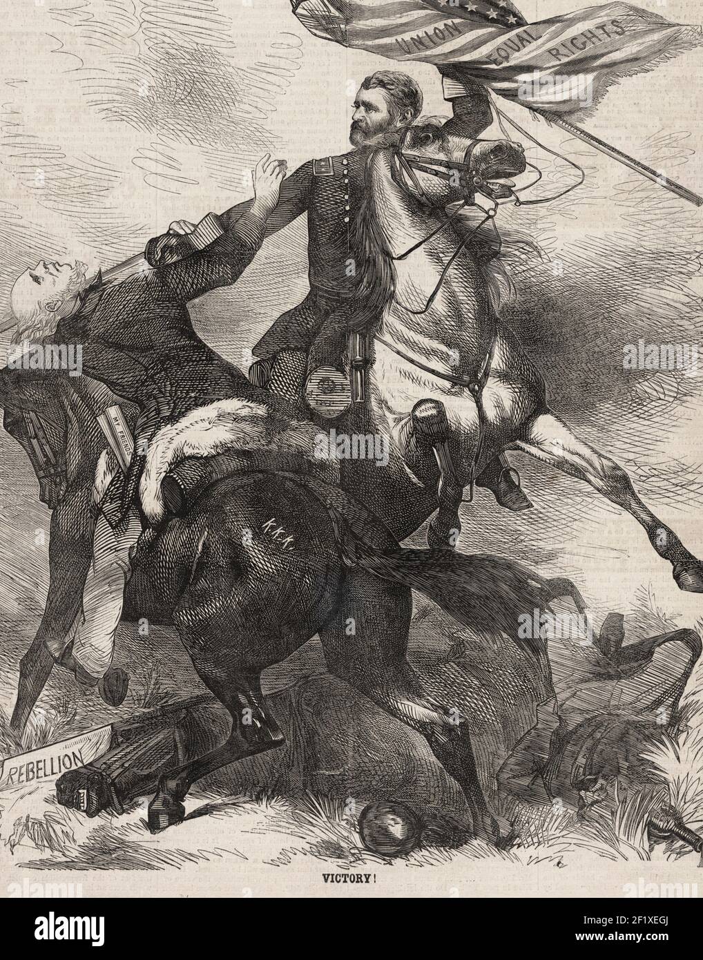 Vittoria! Caricatura di Ulisse S. Grant, a cavallo, con bandiera statunitense etichettata 'Union Equal Rights' e decapitazione di Horatio Seymour, che sta cavalcando un cavallo etichettato K.K.K. - Cartoon politico, elezioni presidenziali del 1868 Foto Stock