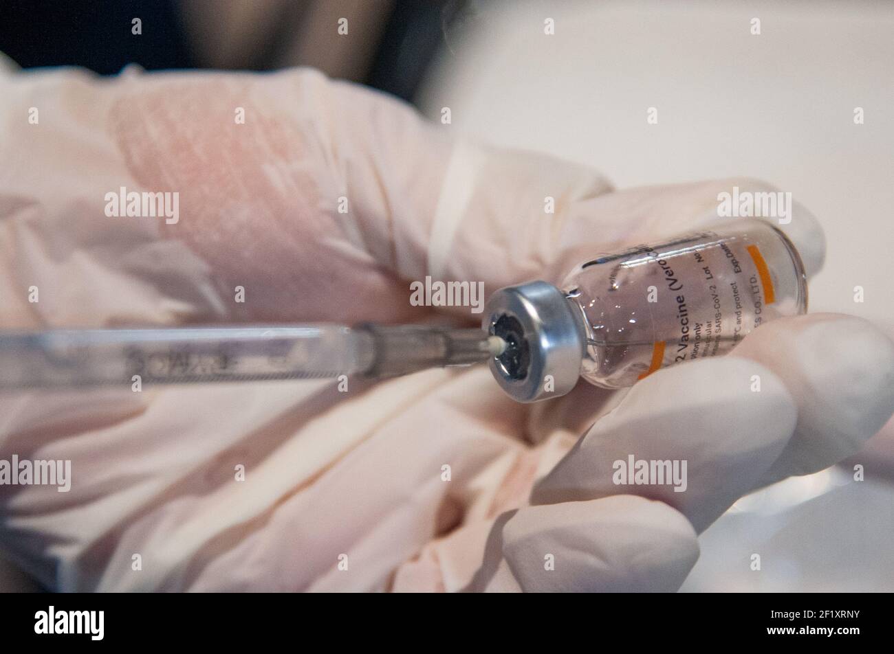 Un membro del team di vaccinazione prepara il nuovo vaccino Coronavirus CoronaVac Prodotto da Sinovac da applicare come primo colpo ad un cittadino anziano o Foto Stock