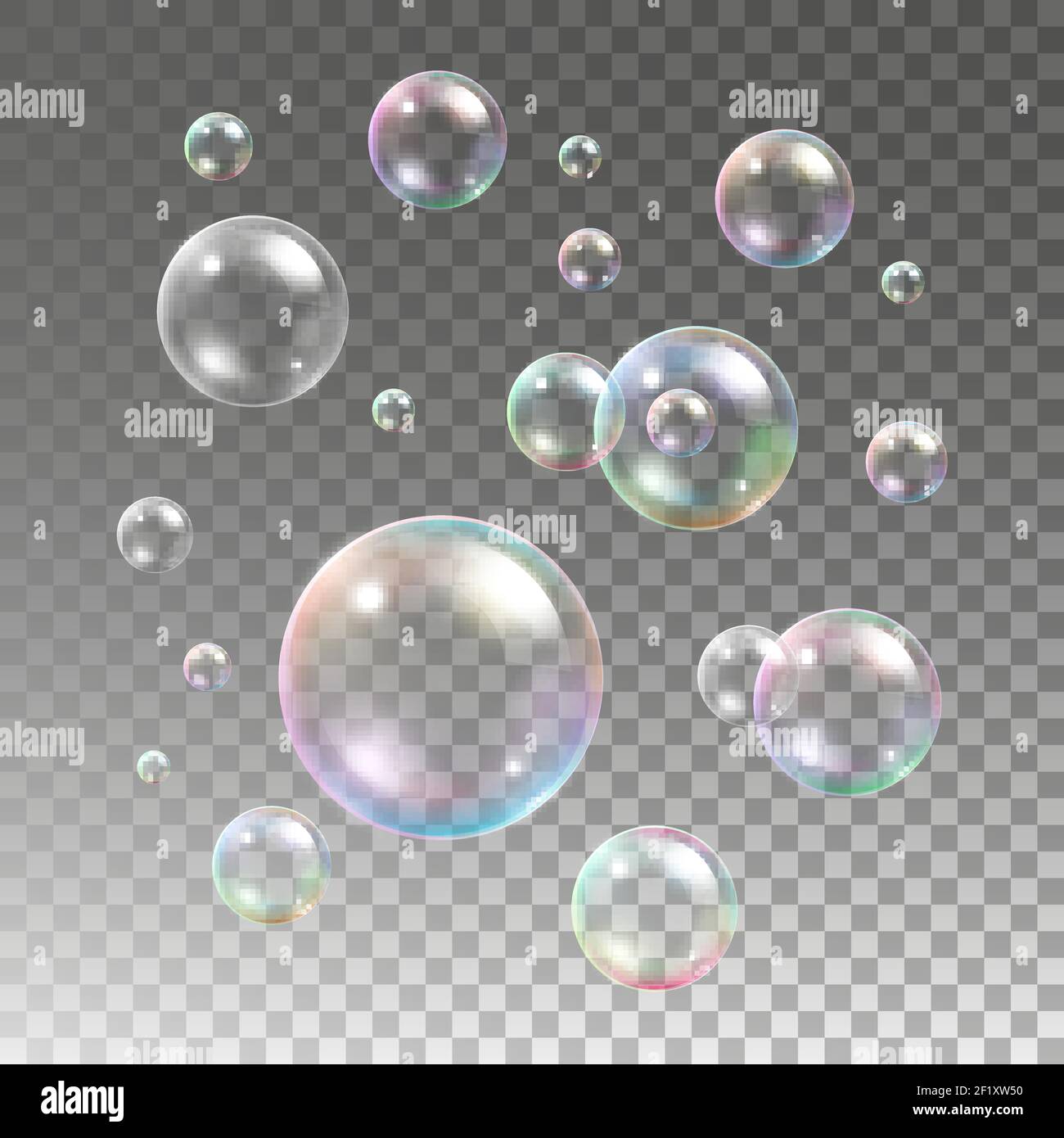 Vettore trasparente multicolore di bolle di sapone impostato su sfondo plaid.  Sfera, acqua di disegno e schiuma, illustrazione di acquavaggio Immagine e  Vettoriale - Alamy