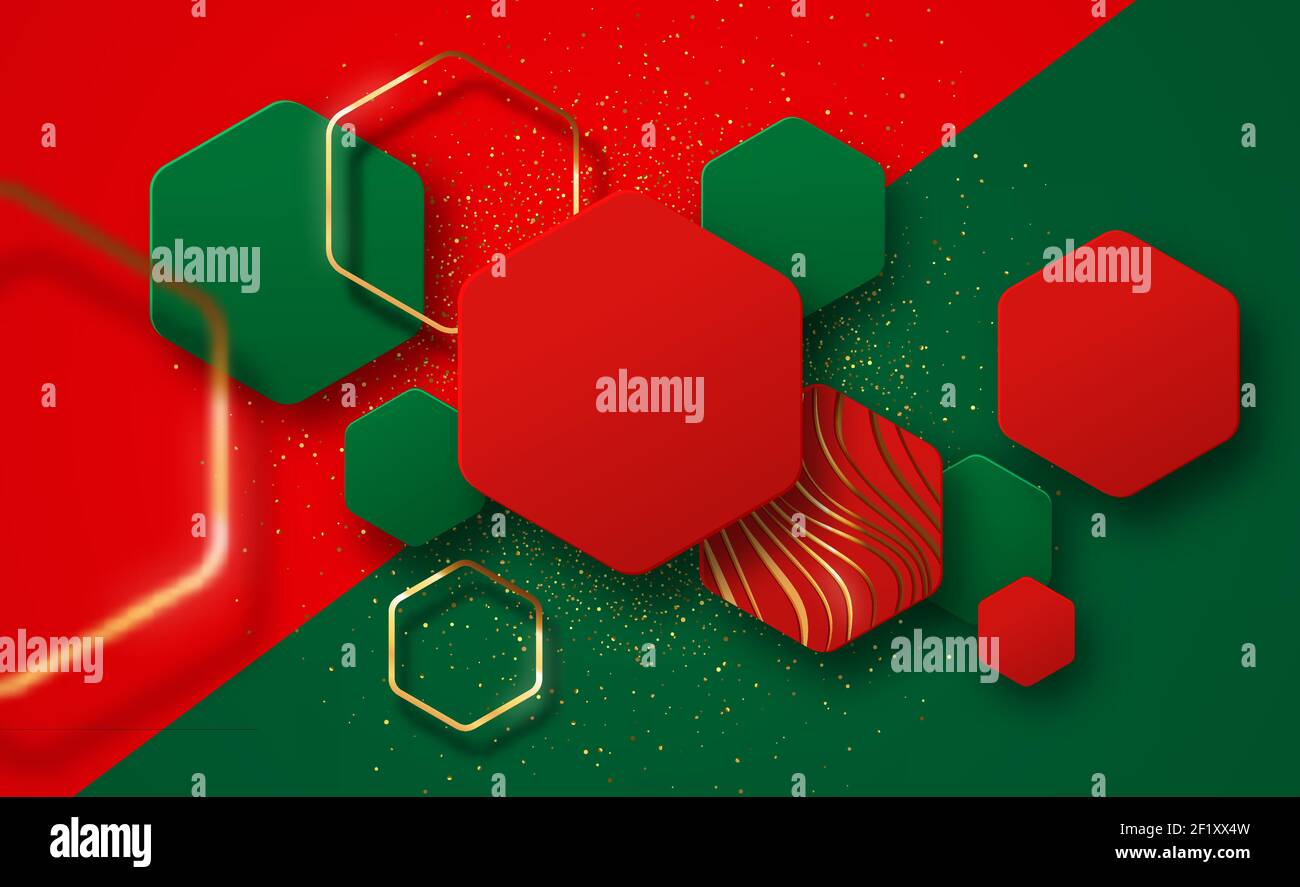 Illustrazione dello sfondo natalizio, forme geometriche esagonali 3d astratte con glitter oro, spazio di copia e cornici dorate su sfondo festoso. VIP Illustrazione Vettoriale