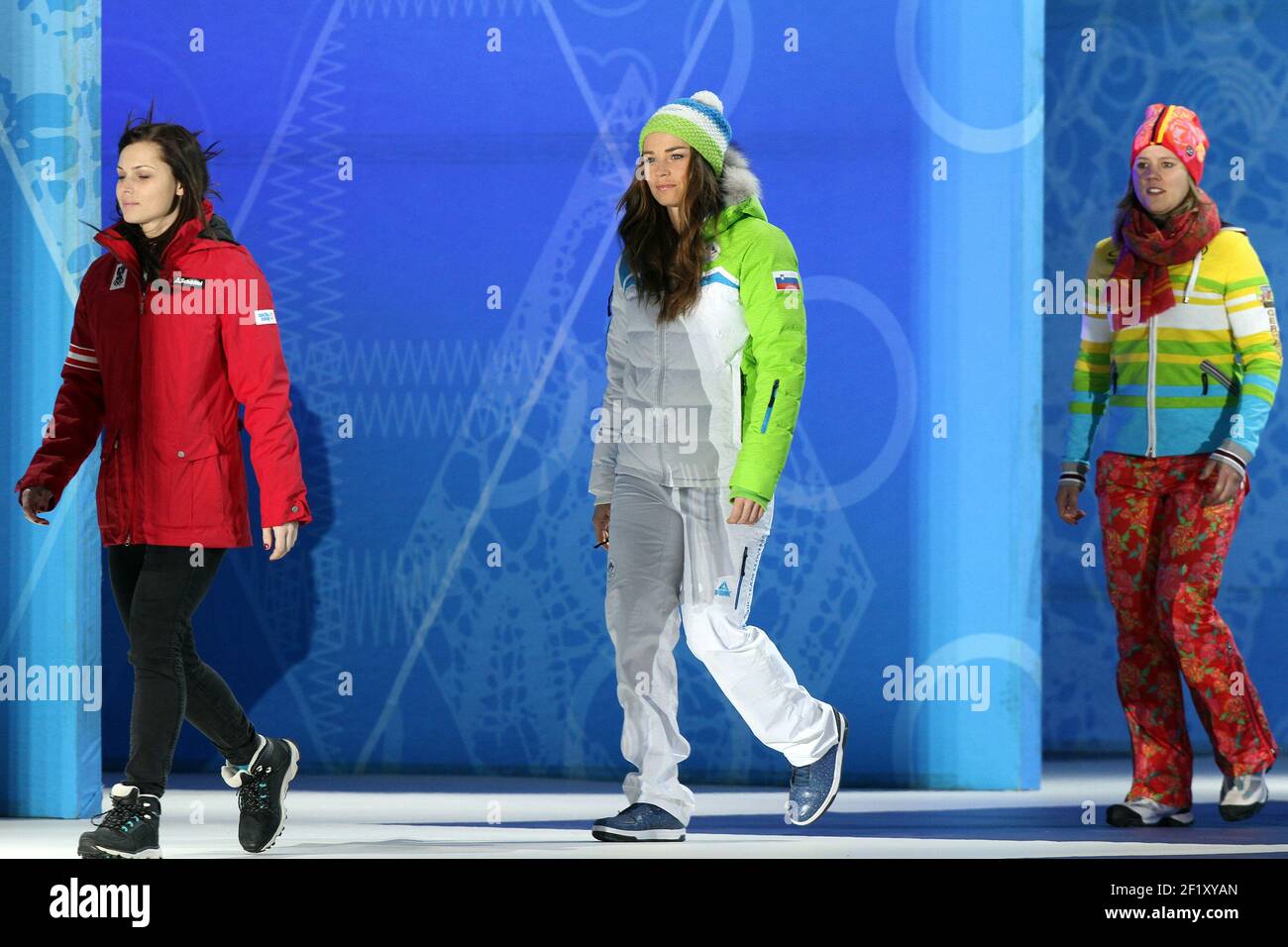 Sci Alpino Gigante Slalom Podium, Anna Fenninger dall'Austria, medaglia d'argento, Tina Maze dalla Slovenia, medaglia d'oro e Viktoria Repensburg dalla Germania, medaglia di bronzo, alle medaglie del posto durante i XXII Giochi Olimpici invernali di Sotchi 2014, giorno 12, il 19 febbraio 2014 a Sochi, Russia. KMSP / DPPI della piscina fotografica Foto Stock