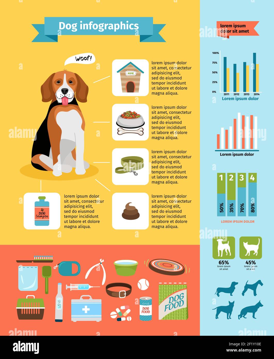 Infografica del cane VECTO, cibo per cani e canile, veterinaria e cura del corpo, collare per cani e spettacoli per cani Illustrazione Vettoriale