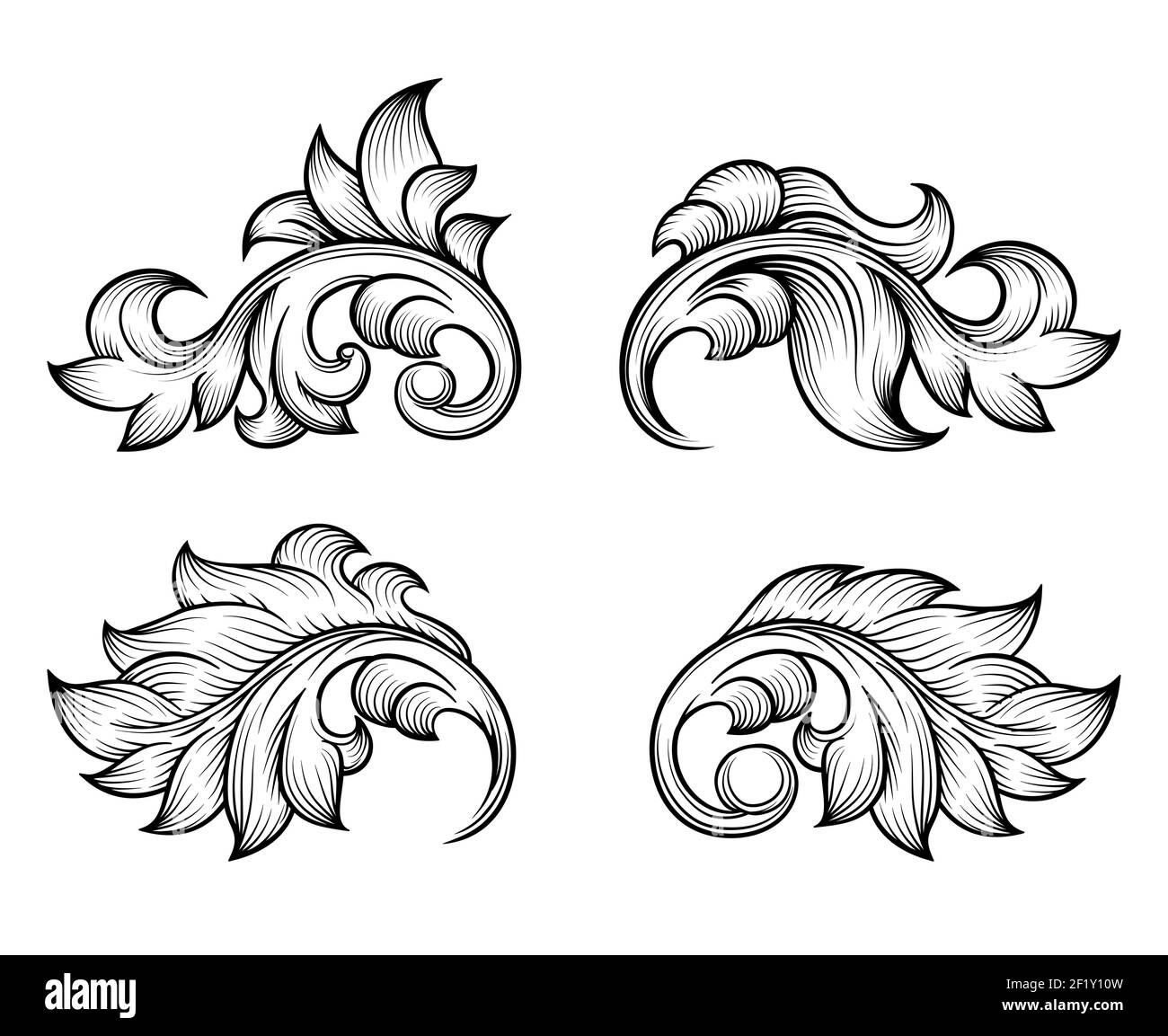 Foglia di chiocciola barocca d'epoca con elementi in stile incisione, decorazione ornata, filigrana floreale. Illustrazione vettoriale Illustrazione Vettoriale
