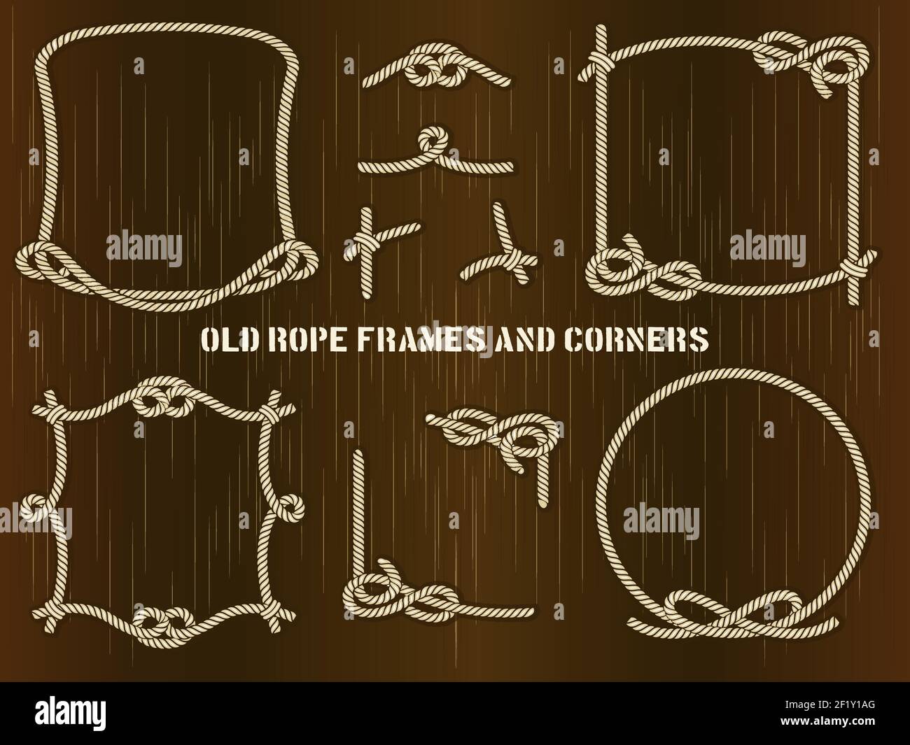 Set di cornici e angoli di corda vecchi in stili unici diversi su sfondo marrone astratto. Illustrazione Vettoriale