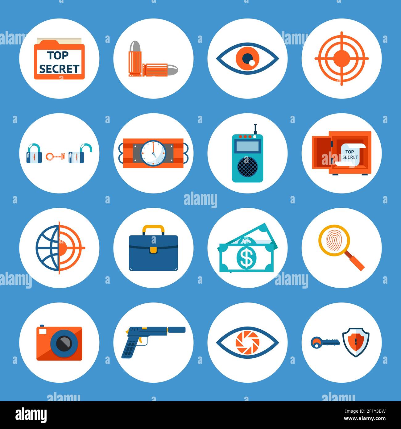 Vector assorted Spy Accessories e Gadget Icons isolati su sfondo blu. Illustrazione Vettoriale
