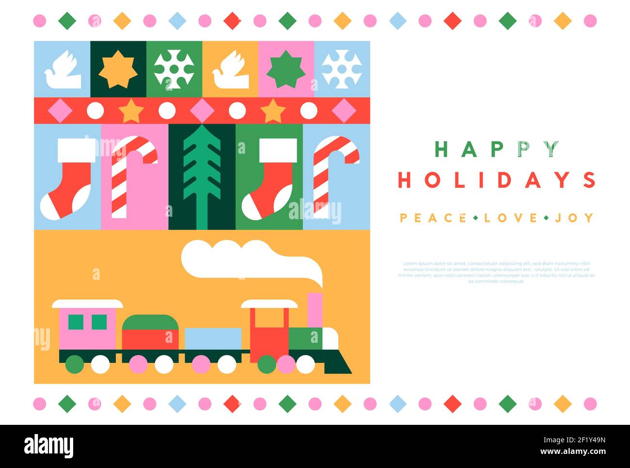 Buon Natale web template illustrazione delle icone xmas in colorato stile geometrico piatto. Il moderno mosaico di celebrazione comprende dono, uccello, pino, sa Illustrazione Vettoriale