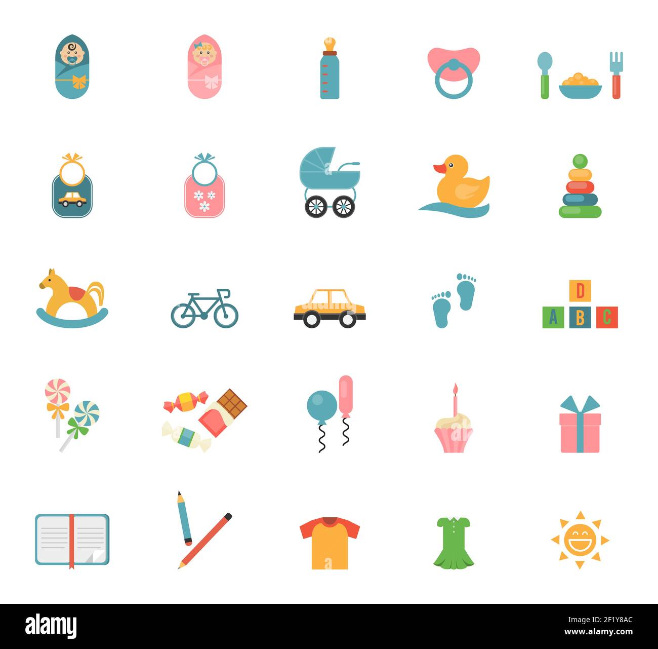 Giocattoli per bambini in stile piatto. Set di icone su un tema di neonati e relativi accessori. Illustrazione vettoriale Illustrazione Vettoriale