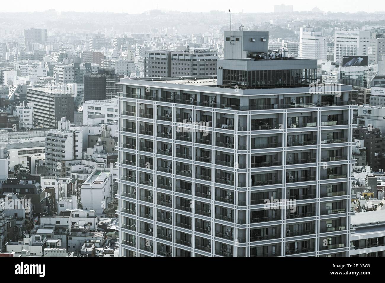 Skyline di Yokohama visibile dalla torre marina (monocromatico) Foto Stock