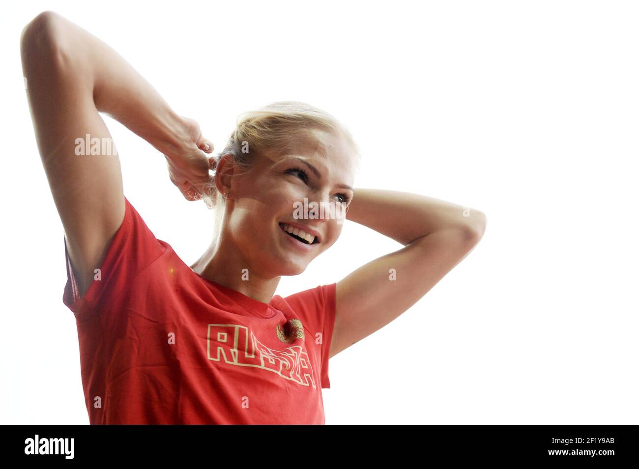 Ritratto di Darya Klishina (Rus) durante il primo giorno dei Campionati europei di atletica 2014 allo stadio Letzigrund di Zurigo, Svizzera, il 12-17 agosto 2014. Foto Philippe Millereau / KMSP / DPPI Foto Stock