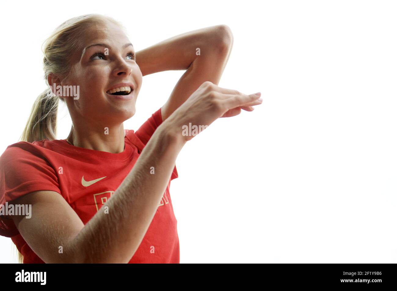 Ritratto di Darya Klishina (Rus) durante il primo giorno dei Campionati europei di atletica 2014 allo stadio Letzigrund di Zurigo, Svizzera, il 12-17 agosto 2014. Foto Philippe Millereau / KMSP / DPPI Foto Stock