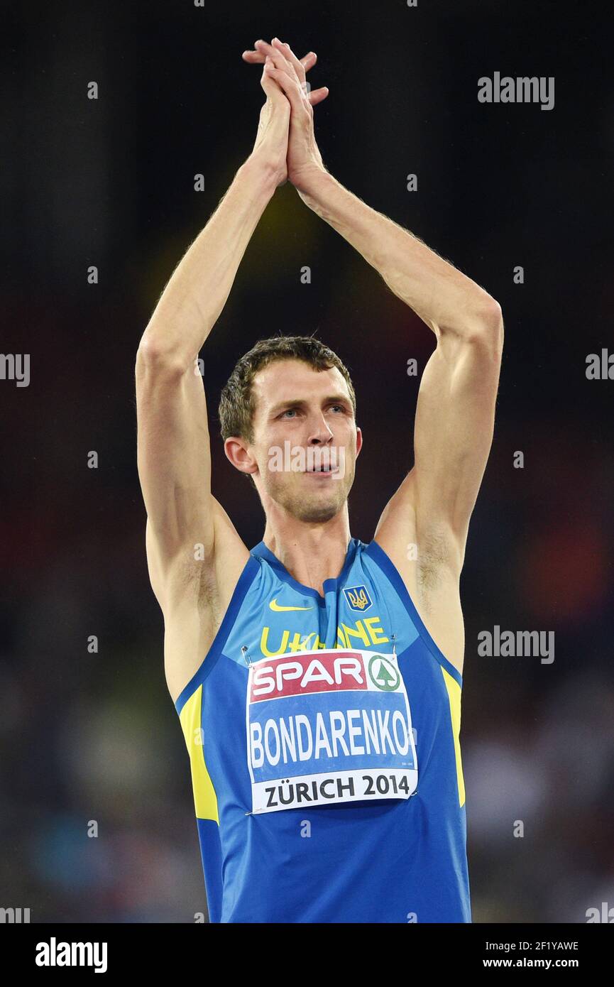 Bohdan Bondarenko reagisce dopo la sua vittoria durante il quarto giorno dei Campionati europei di atletica 2014 allo stadio Letzigrund di Zurigo, Svizzera, il 15 agosto 2014. Foto Philippe Millereau / KMSP / DPPI Foto Stock