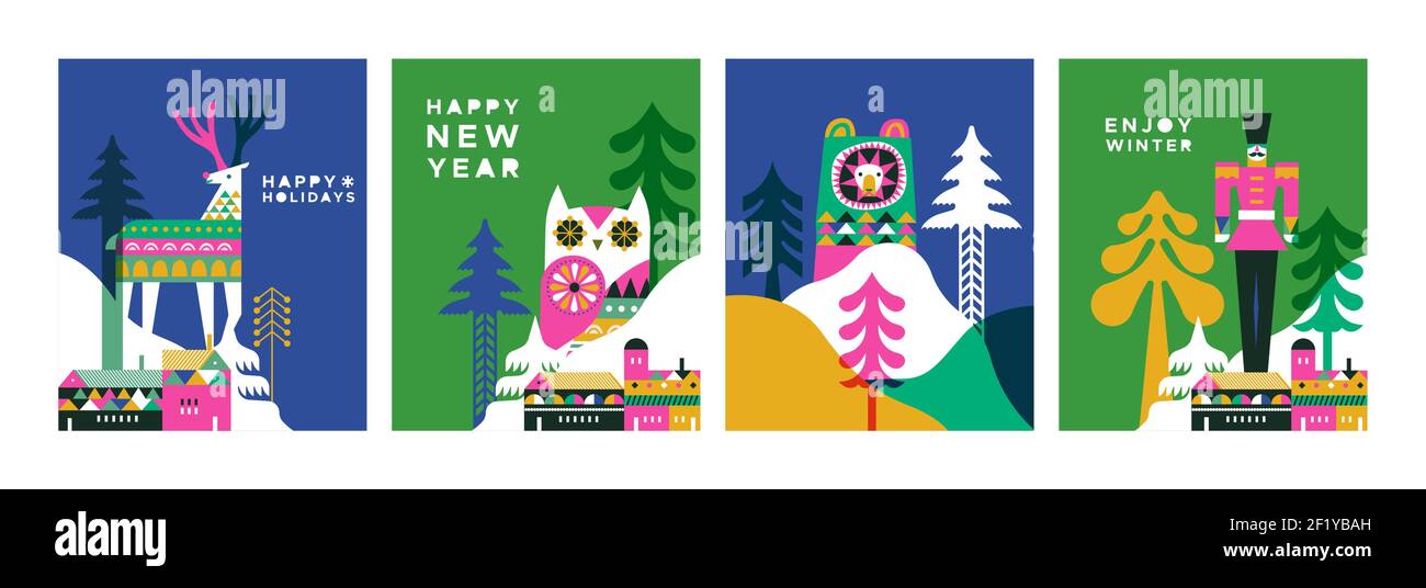 Set di biglietti d'auguri per le festività invernali. Moderna collezione di illustrazioni geometriche piatte in stile d'arte scandinavo. Città invernale con pineta colorata f Illustrazione Vettoriale