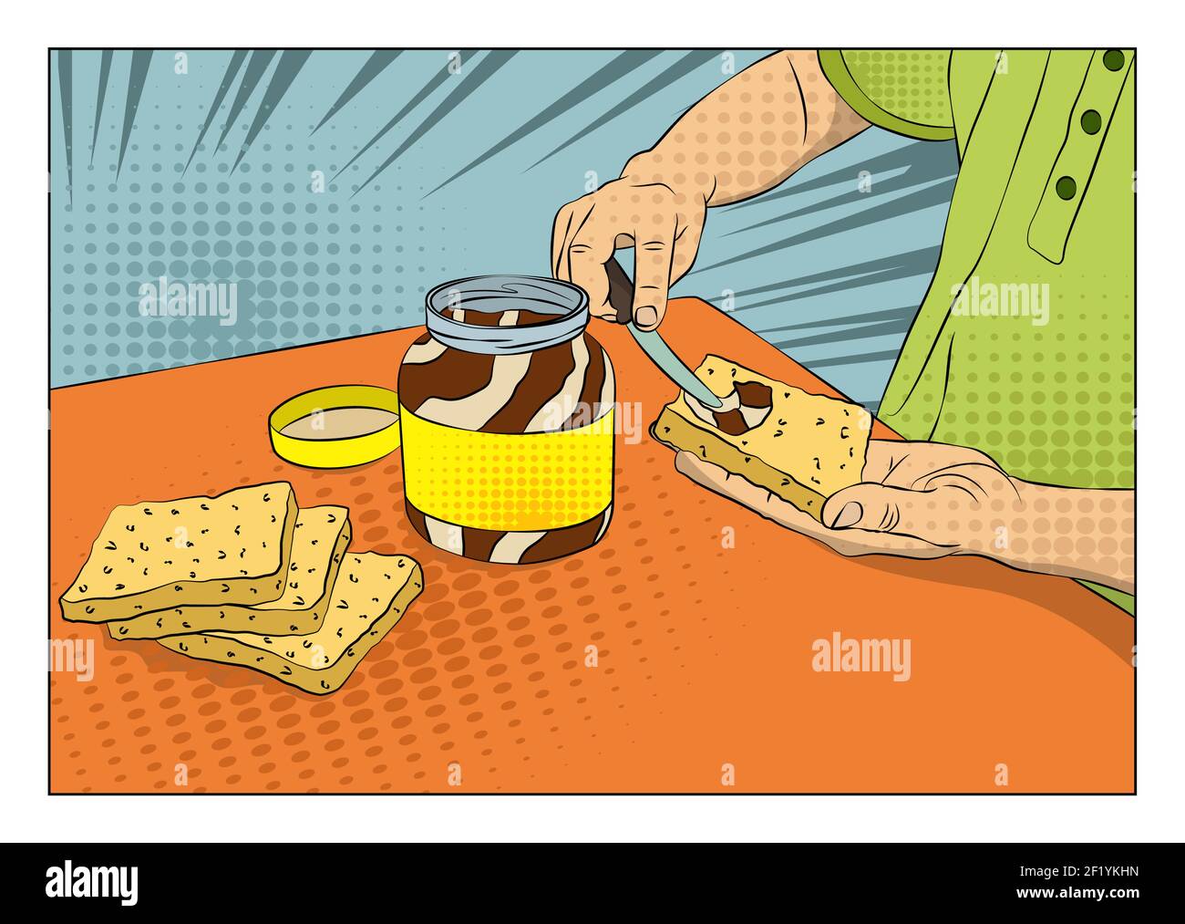 Uomo che sparge pasta di cioccolato sul pane sopra il tavolo - stile fumetto, illustrazione vettoriale cartoon. Illustrazione Vettoriale