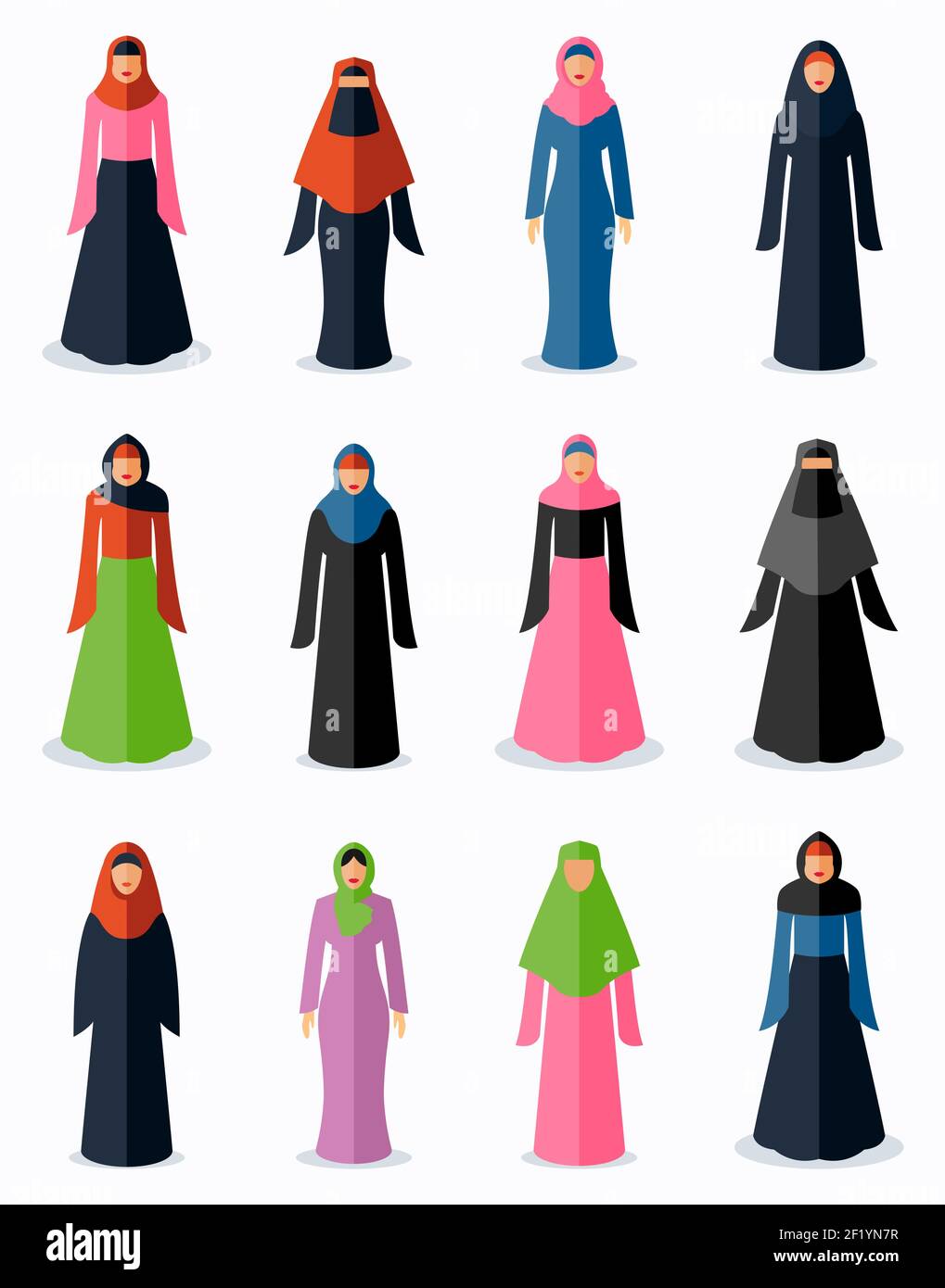 Icone piatte donna musulmana. Cultura tradizionale femminile, religione arabica islamica, illustrazione vettoriale Illustrazione Vettoriale