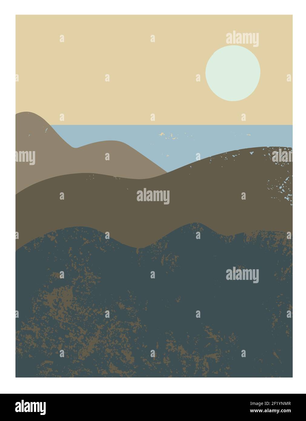 Astratto paesaggio vettoriale al tramonto minimalista con montagne e costo del mare. Illustrazione vettoriale Illustrazione Vettoriale