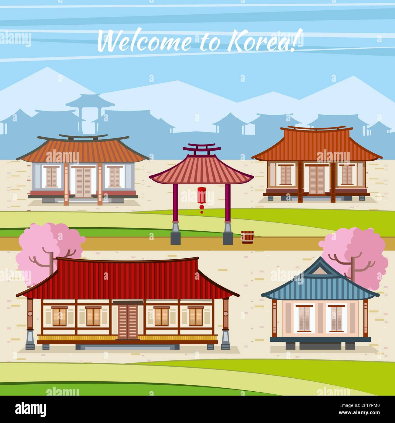 Vecchia città coreana con case tradizionali. Sfondo vettoriale in stile di disegno piatto. Casa con arco, invito asia, villaggio o città orientale, est cultu Illustrazione Vettoriale