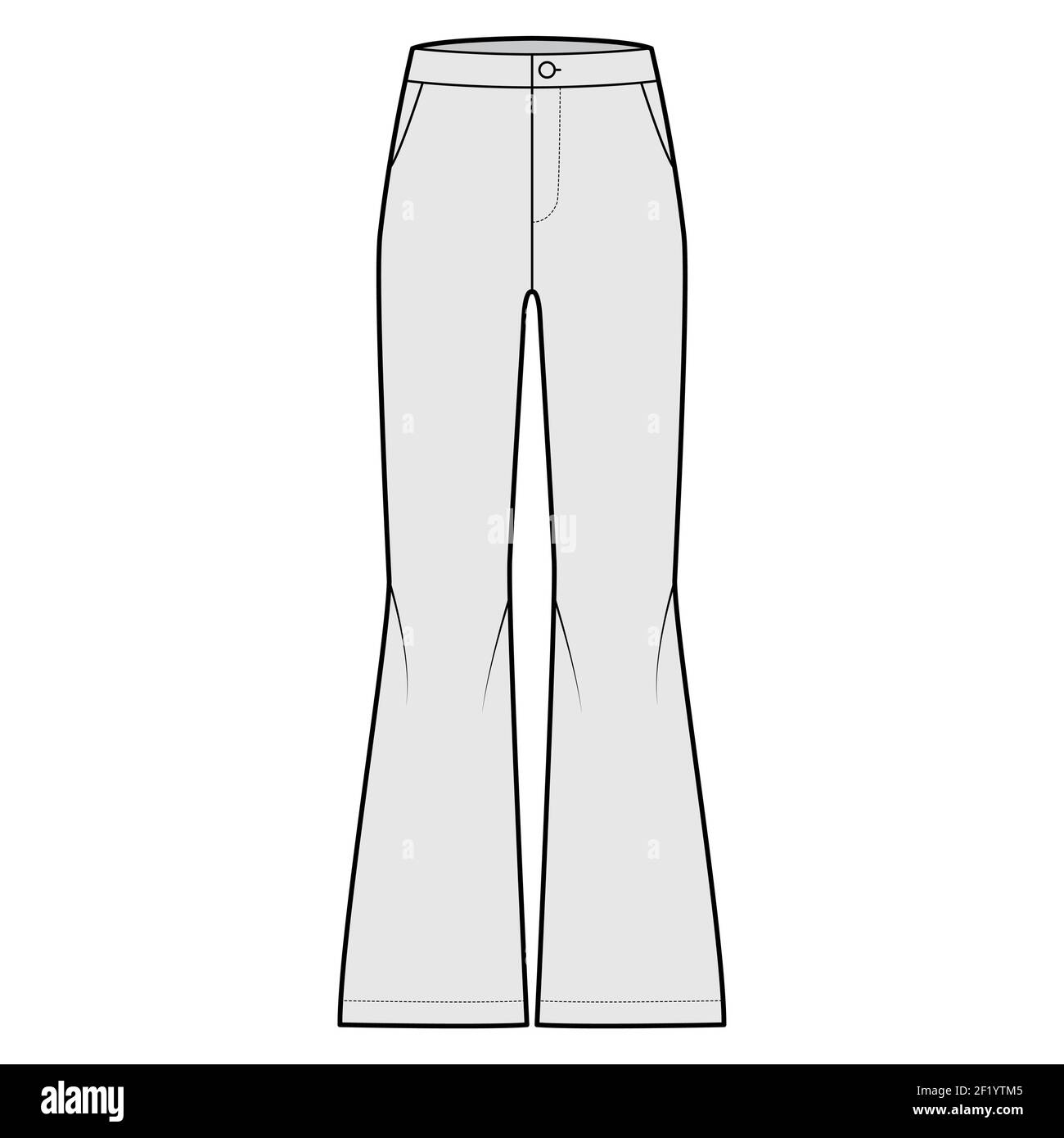 Pantaloni Bell-bottom illustrazione tecnica di moda con vita normale, alto, tasche inclinate, gambe larghe, lunghezza intera. Pantaloni a fondo piatto, modello di abbigliamento frontale, colore grigio. Donne, unisex CAD mockup Illustrazione Vettoriale