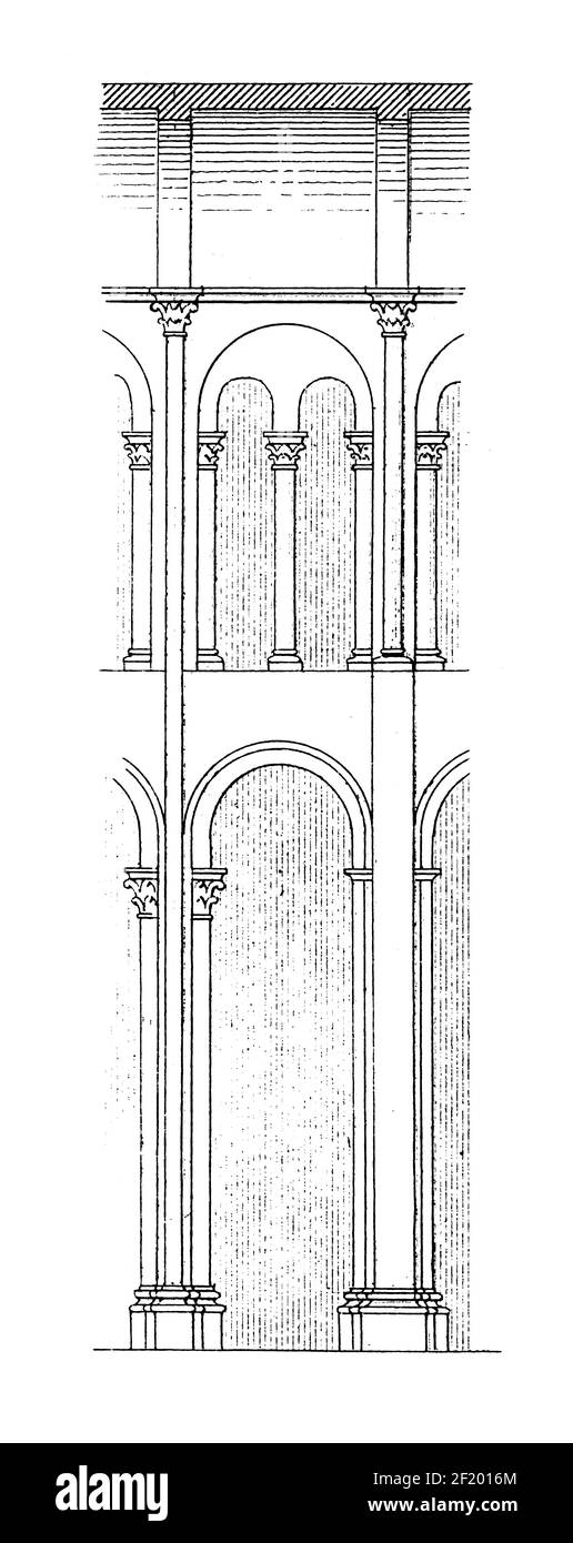 Incisione del XIX secolo di elementi architettonici della chiesa abbaziale di Sainte-Foy a Conques. Pubblicato in Systematischer Bilder-Atlas zum Conversations-L. Foto Stock