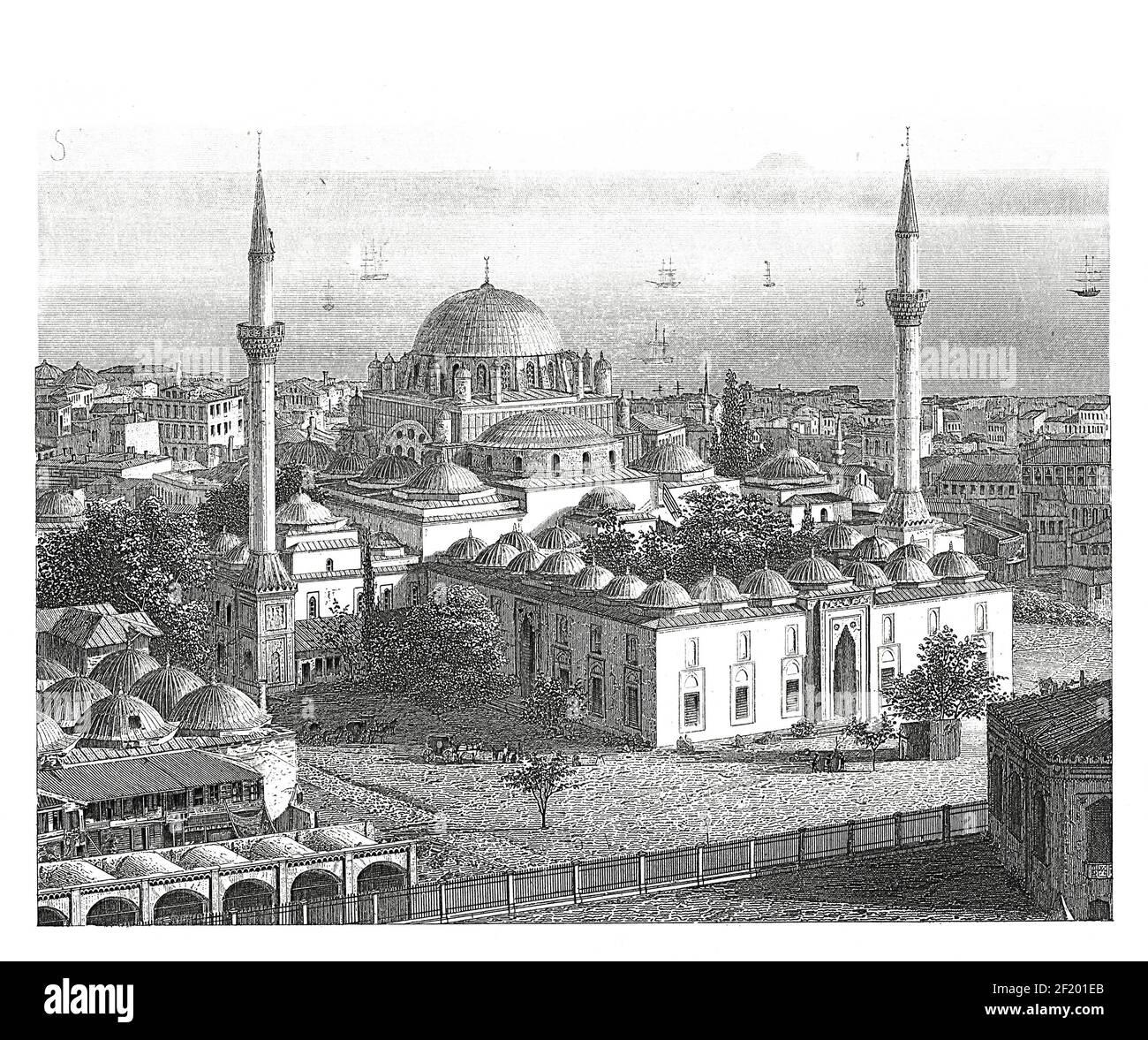 Antica illustrazione della moschea Bayechid II, chiamata anche moschea Suleymaniye a Istanbul. Pubblicato in Systematischer Bilder-Atlas Zum Conversations Foto Stock