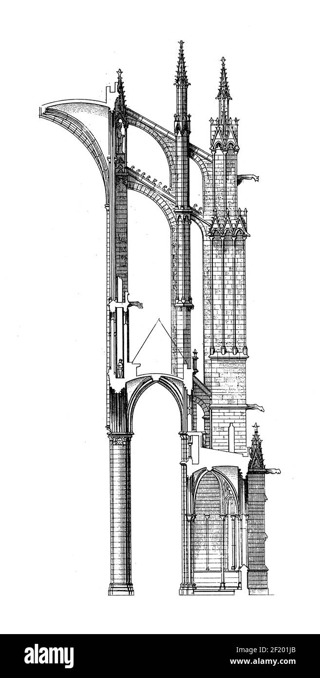 Antica illustrazione dei dettagli della Cattedrale di Beauvais. Pubblicato in Systematischer Bilder-Atlas zum Conversations-Lexikon, Ikonographische Encyklopae Foto Stock