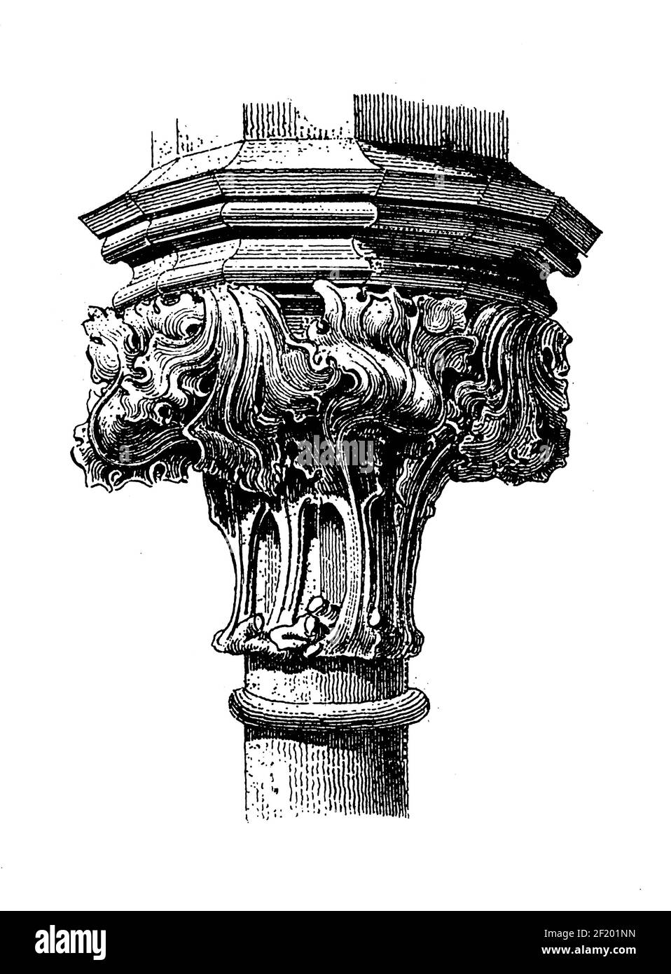 Illustrazione del XIX secolo della capitale della chiesa di Esslingen am Neckar. Pubblicato in Systematischer Bilder-Atlas zum Conversations-Lexikon, Ikonograp Foto Stock