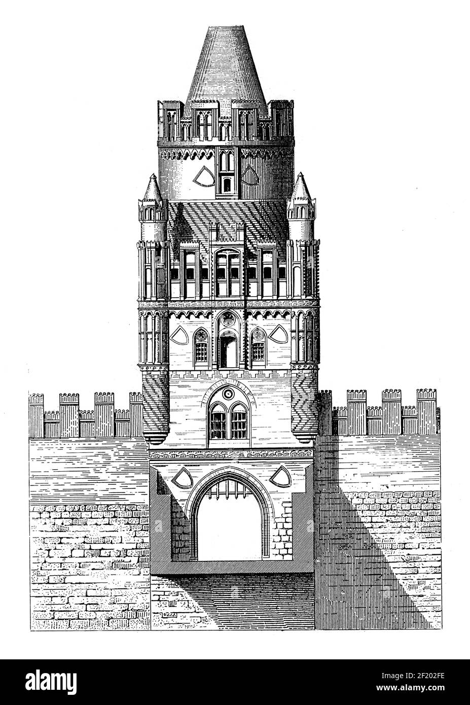 Illustrazione del XIX secolo della porta della città di Stendal, Germania. Pubblicato in Systematischer Bilder-Atlas zum Conversations-Lexikon, Ikonographische Encykl Foto Stock