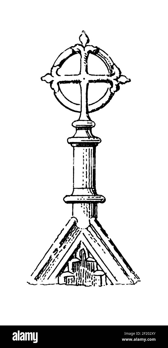Incisione della croce del 19th° secolo dalla Cattedrale di Salisbury. Pubblicato in Systematischer Bilder-Atlas zum Conversations-Lexikon, Ikonographische Encyk Foto Stock