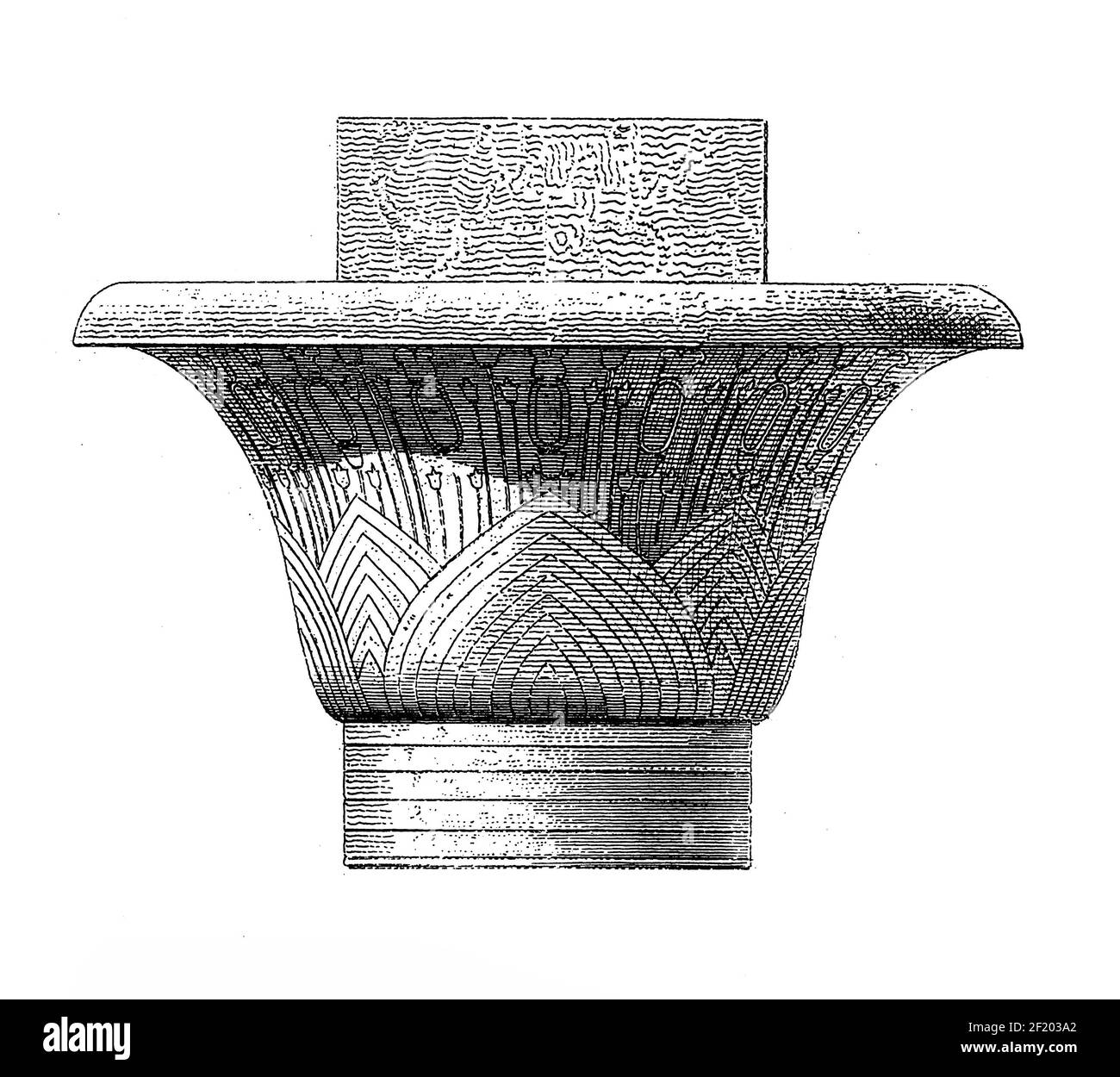 Antica illustrazione di capitali egiziani. Pubblicato in Systematischer Bilder-Atlas zum Conversations-Lexikon, Ikonographische Encyklopedie der Wisse Foto Stock