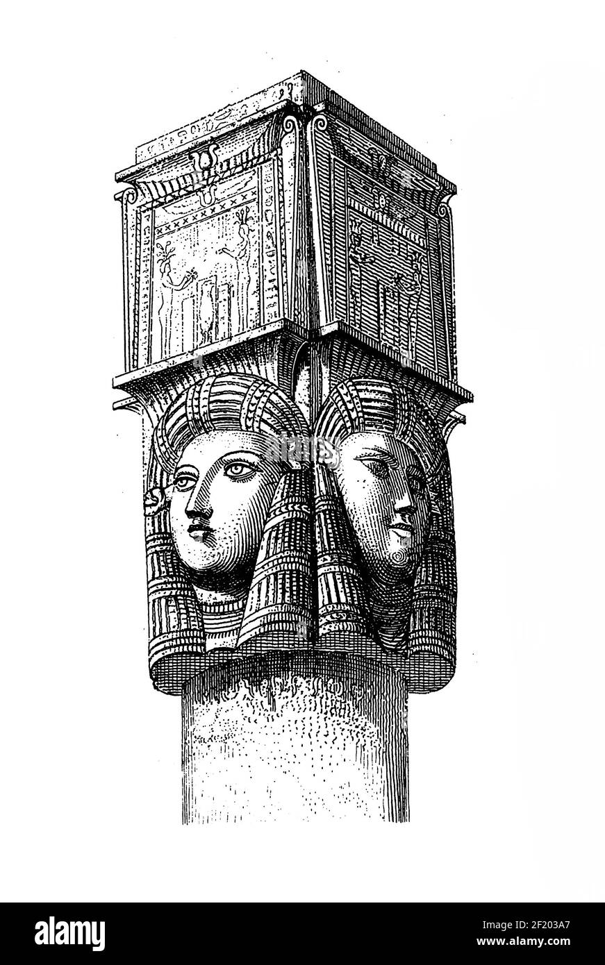 Antica illustrazione di capitali egiziani. Pubblicato in Systematischer Bilder-Atlas zum Conversations-Lexikon, Ikonographische Encyklopedie der Wisse Foto Stock