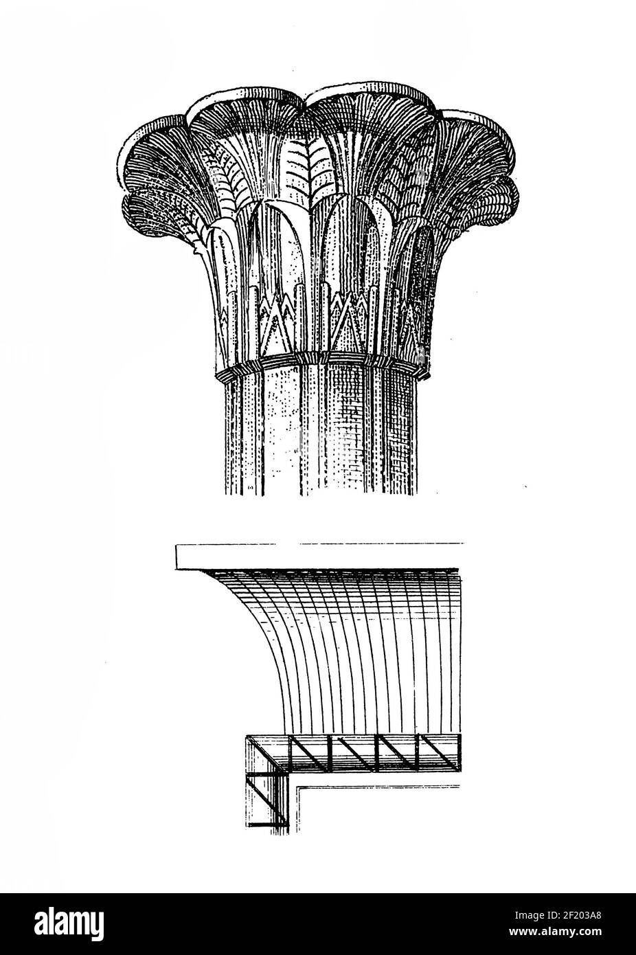 Antica illustrazione di capitali egiziani. Pubblicato in Systematischer Bilder-Atlas zum Conversations-Lexikon, Ikonographische Encyklopedie der Wisse Foto Stock