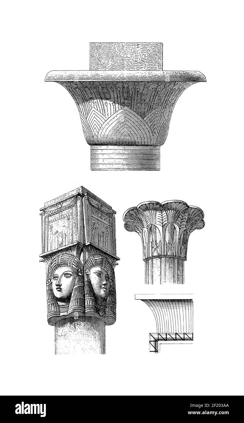 Antica illustrazione di capitali egiziani. Pubblicato in Systematischer Bilder-Atlas zum Conversations-Lexikon, Ikonographische Encyklopedie der Wisse Foto Stock