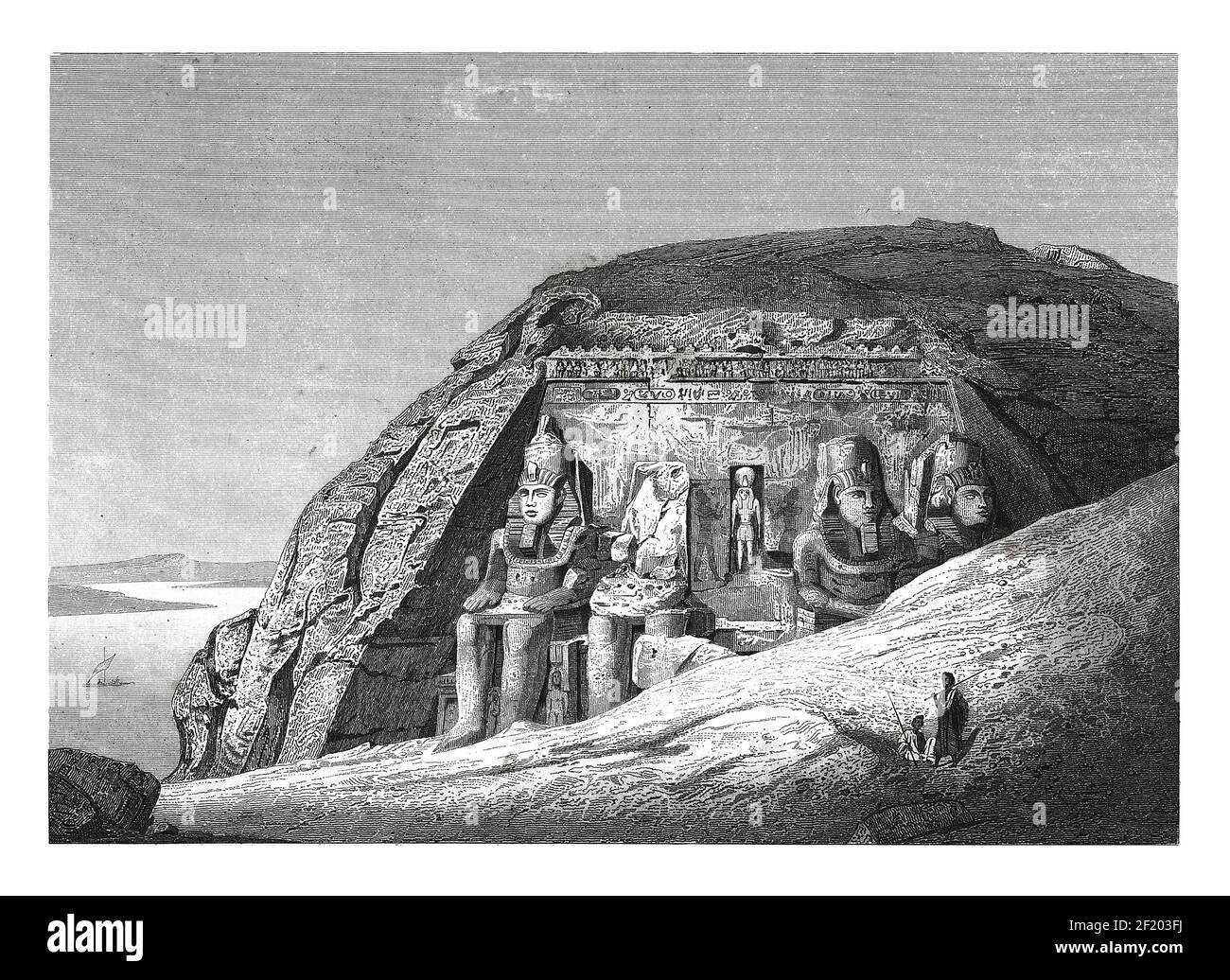 Illustrazione del XIX secolo di un tempio di roccia egiziano. Pubblicato in Systematischer Bilder-Atlas zum Conversations-Lexikon, Ikonographische Encyklopedi Foto Stock