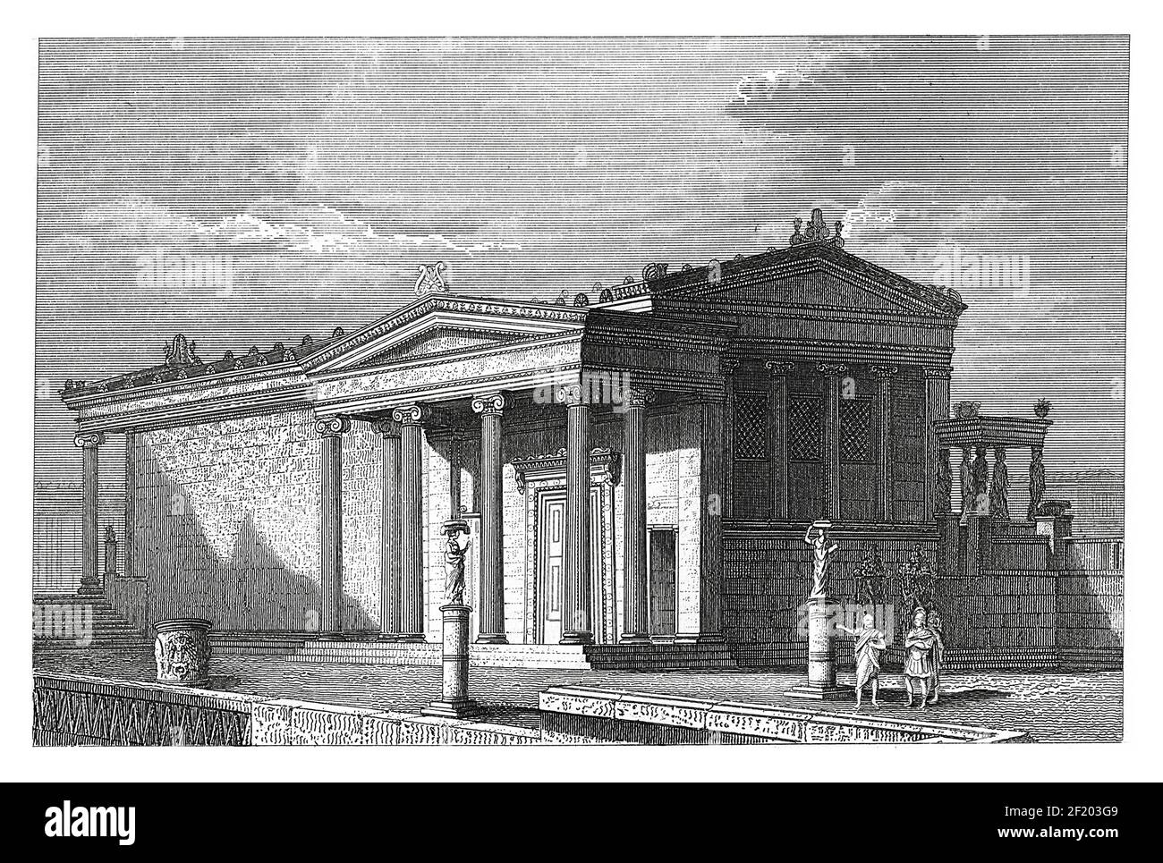 Antica incisione ottocentesca dell'Erechtheum di Atene. Pubblicato in Systematischer Bilder-Atlas zum Conversations-Lexikon, Ikonographische Encykl Foto Stock