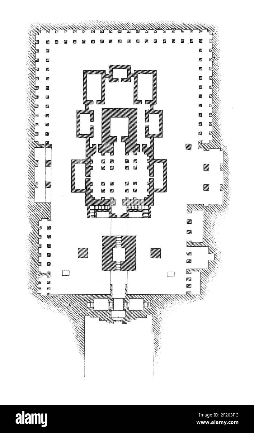 Incisione antica della pianta del Tempio di Kailash a Ellora, India. Pubblicato in Systematischer Bilder-Atlas zum Conversations-Lexikon, Ikonographisch Foto Stock