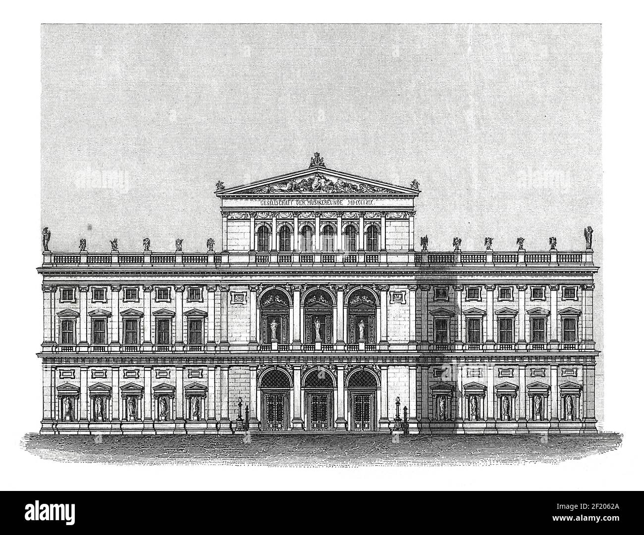 Incisione antica della sala concerti di Vienna. Pubblicato in Systematischer Bilder-Atlas zum Conversations-Lexikon, Ikonographische Encyklopedie der Wissen Foto Stock